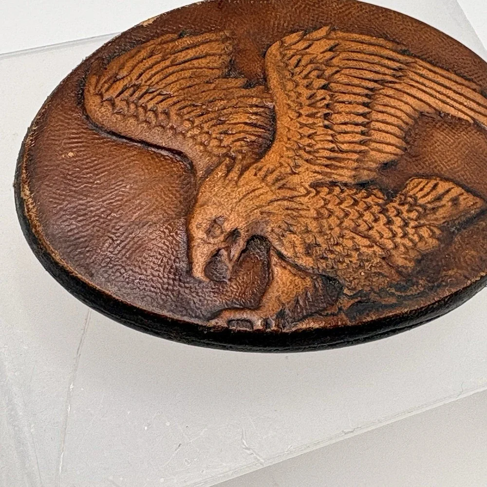 1990 Leather Eagle Belt Buckle Tooled Embossed Western Americana Vintage